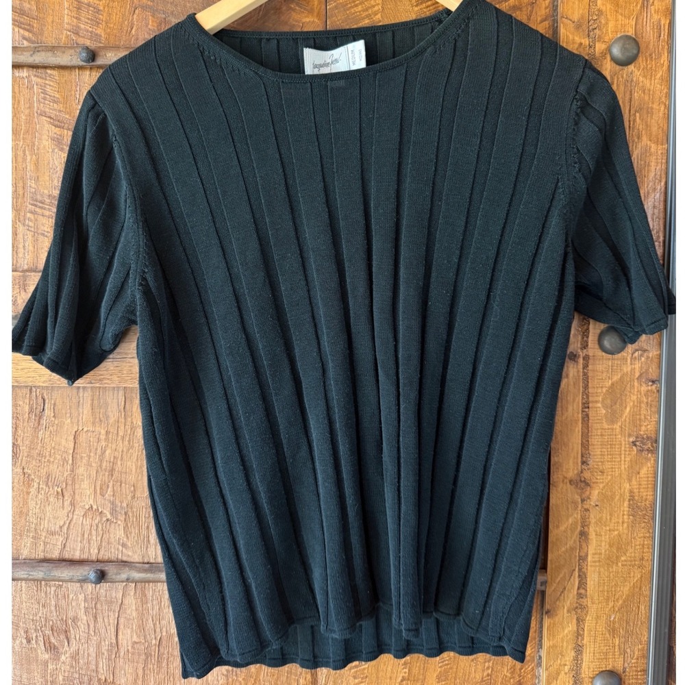 Jacqueline Ferrar Womens Black 100% Silk Ribbed Short Sleeve Knit Top Medium